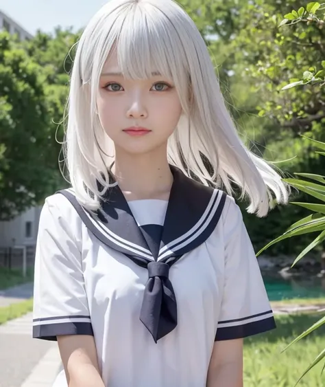 4k,best quality, masterpiece, white hair,detailed, dark eyes, windy, floating hair, beach, upper body, detailed face, summer, trees, sunshine,school uniform,look at viewer,detailed eyes,(realistic:1.2),teenager