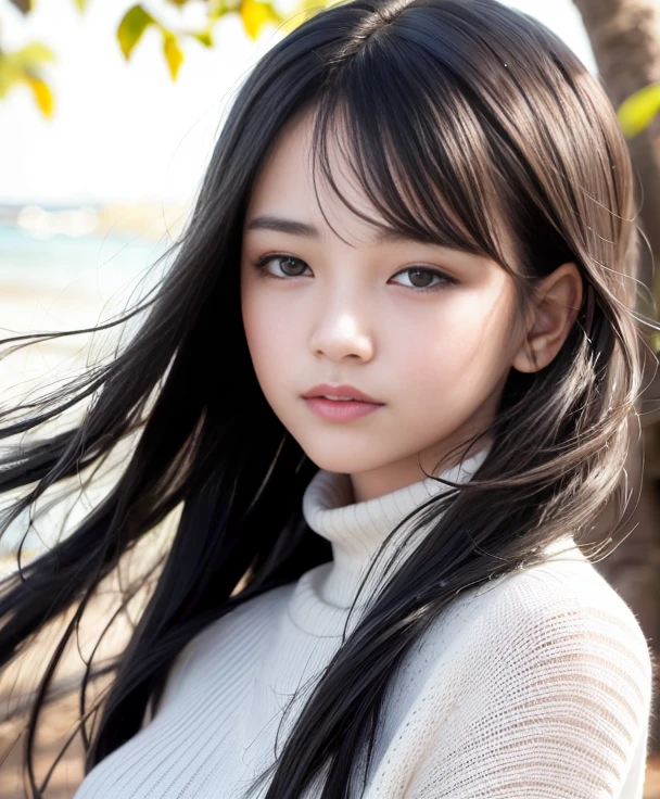 4k,best quality, masterpiece, Black hair,detailed, dark eyes, windy, floating hair, beach, upper body, detailed face, winter, trees, sunshine,white sweater,look at viewer,detailed eyes,(realistic:1.2),age