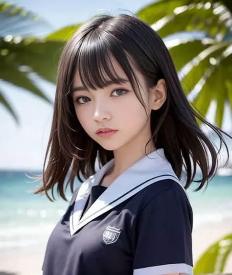 4k,best quality, masterpiece, Dark hair,detailed, dark eyes, windy, floating hair, beach, upper body, detailed face, summer, trees, sunshine,school uniform,look at viewer,detailed eyes,(realistic:1.2),teenager
