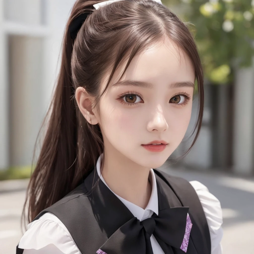 best quality, realistic, photorealistic, extremly detailed, an extremely delicate and beautiful, RAW photo,
full body, a 27 years old woman, (cute, ribbon, black iris, school setting:1.3), brown hair, brown eyes, smaller head, fashion girl, beautiful eyes, small breast,real face, real skin, realistic face, realistic skin, detailed eyes, detailed facial features,
detailed clothes features, (school uniform:1.3), (shoulder length ponytail: 1.3)
dynamic poses, looking at viewer, detailed face and breast,
<lora:jie:0.1>,<lora:Korean-doll-likeness:0.1>, <lora:fashionGirl:0.1>, <lora:mix4:0.1>, <lora:shojovibe:0.1>, <lora:chilloutmixss30:0.1>, <lora:ycy:0.1>, (pureerosface_v1:0.33), (ulzzang-6500:0.33),