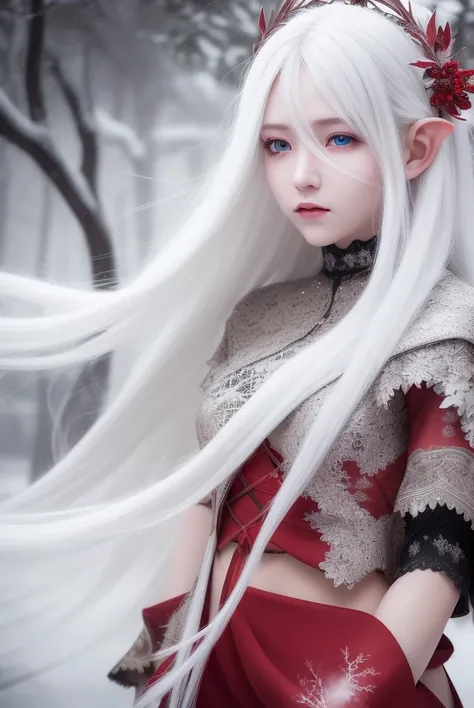 best quality, masterpiece, White hair, detailed, red eyes, windy, floating hair, snowy, half body, detailed face, winter, trees, sunshine, midriff, elf_ear,  crown, flawless, clean, cinematic lighting, cinematic bloom, perfect face, beautiful face, beautiful eyes, see through lace,  <lora:chilloutmixss20v20:0.3> <lora:Korean-doll-likeness:0.2>  <lora:SenSenchan25Twitter_v10:0.1>