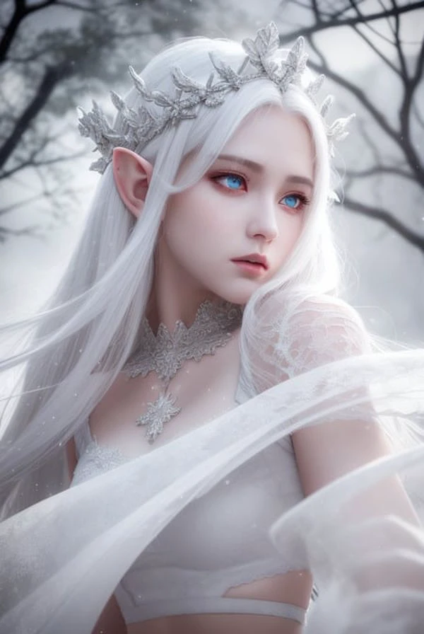 best quality, masterpiece, White hair, detailed, red eyes, windy, floating hair, snowy, half body, detailed face, winter, trees, sunshine, midriff, elf_ear,  crown, flawless, clean, cinematic lighting, cinematic bloom, perfect face, beautiful face, beautiful eyes, see through lace,  <lora:chilloutmixss20v20:0.3> <lora:Korean-doll-likeness:0.2>  <lora:SenSenchan25Twitter_v10:0.1>