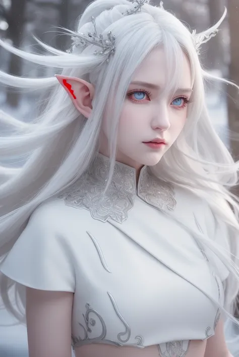 best quality, masterpiece, White hair, detailed, red eyes, windy, floating hair, snowy, half body, detailed face, winter, trees, sunshine, midriff, elf_ear,  crown, flawless, clean, cinematic lighting, cinematic bloom, perfect face, beautiful face, beautiful eyes, <lora:chilloutmixss20v20:0.3> <lora:Korean-doll-likeness:0.2>  <lora:SenSenchan25Twitter_v10:0.1>