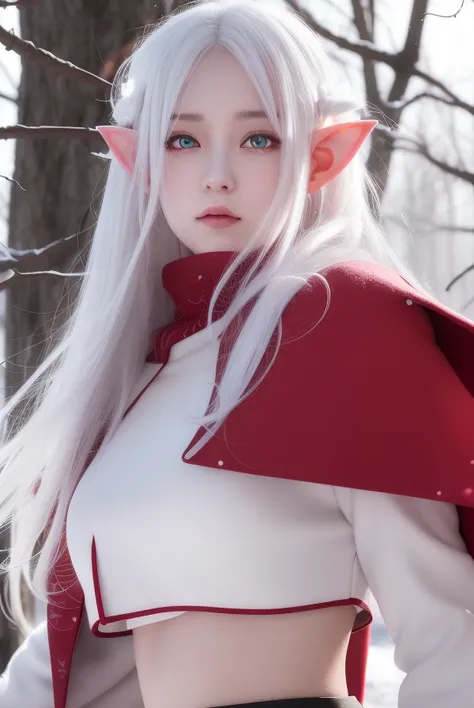 best quality, masterpiece, White hair, detailed, red eyes, windy, floating hair, snowy, upper body, detailed face, winter, trees, sunshine, midriff, elf_ear, 
<lora:chilloutmixss20v20:0.3> <lora:Korean-doll-likeness:0.2>  <lora:SenSenchan25Twitter_v10:0.1>