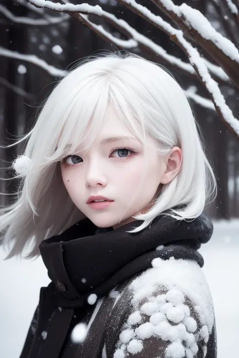 best quality, masterpiece, White hair,detailed, red eyes, windy, floating hair, snowy, upper body, detailed face, winter, trees, sunshine