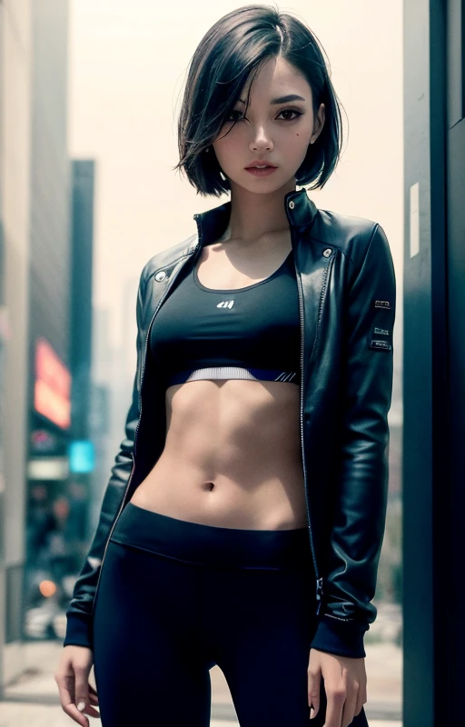 sports bra,  sports jacket, sport pants, no panties, ( cyberpunk environment:1.2),, (1 girl:1.4),best quality, masterpiece, (realistic:1.2), young woman, a lady, detailed face, detailed eyes, detailed hair, detailed skin,look at viewer, dramatic, vibrant, sharp focus,50mm,F1.2, EOS R8,(3/4 body:1.2),standing,(complex background:1.6),(Best quality details:1.2),8K High definition,