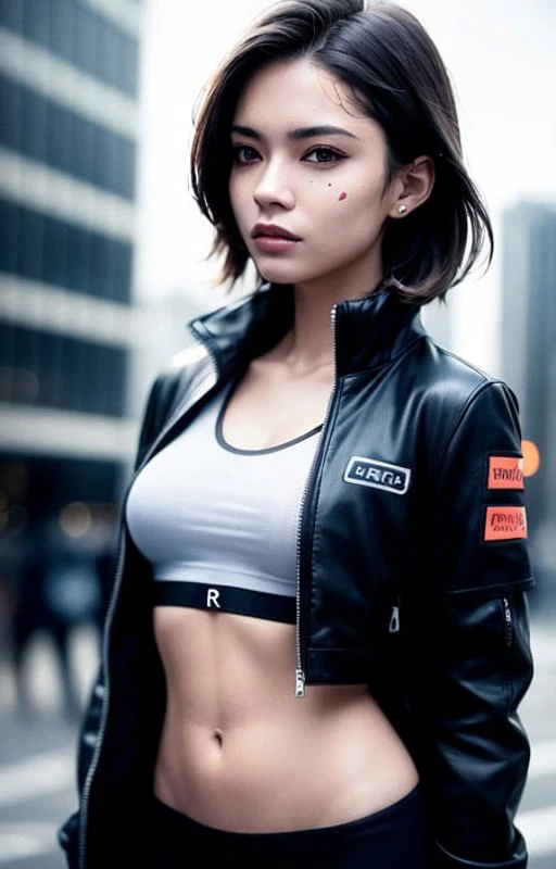 sports bra,  sports jacket, sport pants, no panties, ( cyberpunk environment:1.2),makeup,, (1 girl:1.4),best quality, masterpiece, (realistic:1.2), young woman, a lady, detailed face, detailed eyes, detailed hair, detailed skin,look at viewer, dramatic, vibrant, sharp focus,50mm,F1.2, EOS R8,(3/4 body:1.2),standing,(complex background:1.6),(Best quality details:1.2),8K High definition,