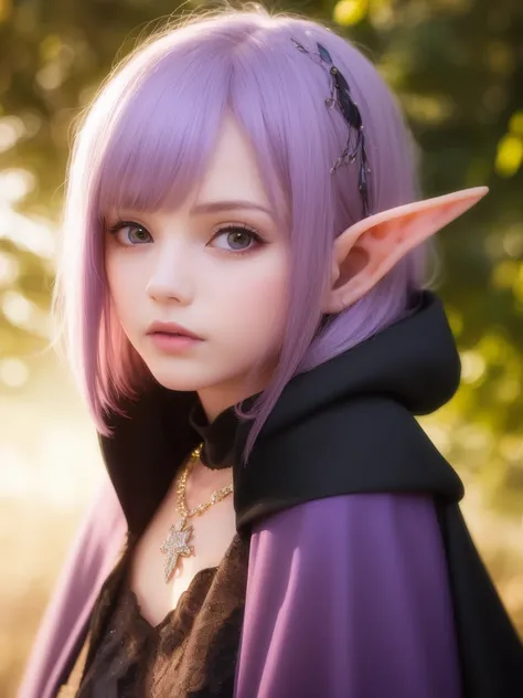 (best quality:1.4), highres, masterpiece, (ultra detailed:1.2), realistic, 1girl, (elf:1.2), (light purple hair:1.2), medium breasts, gem necklace, (black tulle cape hood:1.1), forest, sunset, detailed face