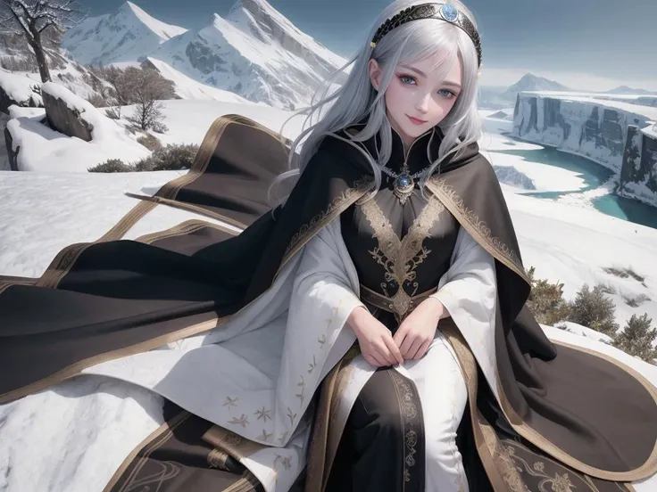 (best quality), (realistic), (photorealistic), masterpiece, extremely detailed, RAW photo,
hard shadow, real face, real skin, realistic face, realistic skin, detailed eyes, detailed facial features, detailed clothes features, detailed face, beautiful eyes, detailed eyes, perfect body,
Vallaria with freckles on face, silver hair and grey blue eyes, solo, wearing dark headband with golden rim and black head ribbons, intricate black cloak and intricate white robe, smiling,
((sitting on the edge of cliff)), ((fantasy)), wide view, landscape, high mountains, snow
<lora:Vallaria30Epochs:0.28>