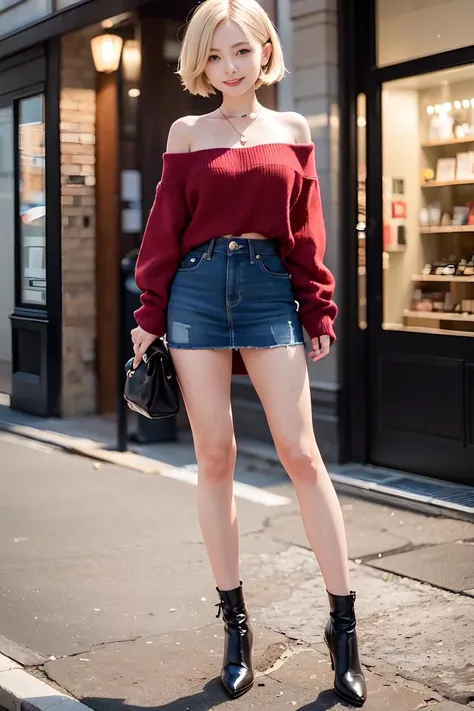 1girl,ultra high res,(best quality, masterpiece:1.2),ultra-detailed,portrait,full body,style of a idol,(pleasure face:1.3,enchanting smile),
blonde hair,short hair,red lip,standing at street,looking at viewer,(off-shoulder sweater,jeans miniskirt,High heeled boots), small breasts, (full legs:1.2),LV bags
<lora:Pure_Innocent_girl:0.3>,