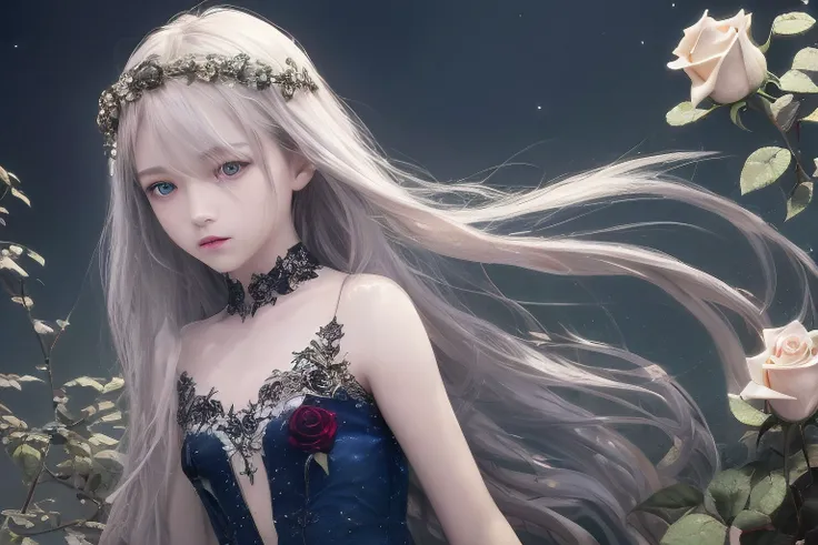 (extremely detailed CG unity 8k wallpaper,masterpiece, best quality, ultra-detailed), (best illumination, best shadow, an extremely delicate and beautiful), dynamic angle, floating, finely detail, Depth of field (bloom), (shine), glinting stars, classic,(illustration), (painting), (sketch), a girl, solo, bare shoulders, flat_chest, diamond and glaring eyes, beautiful detailed cold face, very long blue and sliver hair, floating black feathers, wavy hair, extremely delicate and beautiful girls, beautiful detailed eyes, glowing eyes, (((rose))),(vines),(blood),cage,bandage,(redrope),, (extremely detailed CG unity 8k wallpaper,masterpiece, best quality, ultra-detailed), (best illumination, best shadow, an extremely delicate and beautiful), dynamic angle, floating, finely detail, Depth of field (bloom), (shine), glinting stars, classic,(illustration), (painting), (sketch), a girl, solo, bare shoulders, flat_chest, diamond and glaring eyes, beautiful detailed cold face, very long blue and sliver hair, floating black feathers, wavy hair, extremely delicate and beautiful girls, beautiful detailed eyes, glowing eyes, (((rose))),(vines),(blood),cage,bandage,(redrope),