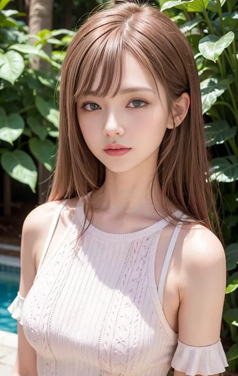hair between eyes, bangs, best quality, 8K, HDR, highres, absurdres:1.2, Kodak Portra 400, film grain, blurry background, bokeh:1.2, Photography, (RAW photo:1.2), (photorealistic:1.4), (masterpiece:1.3), (intricate details:1.2), 1girl, solo, japanese girl, delicate, beautiful detailed, (detailed eyes), (detailed facial features), petite, medium breasts, skin tight, (looking_at_viewer), from_front, (skinny), (best quality:1.4), (ultra highres:1.2), cinema light, outdoors, (extreme detailed illustration), (lipgloss, eyelashes, best quality, ultra highres, depth of field, caustics, Broad lighting, natural shading, 85mm, f/1.4, ISO 200, 1/160s:0.75), brown hair, medium hair, <lora:fashionGirl_v47:0.4> , <lora:shojovibe_v11:0.15>, (((pink sweater, bare shoulders))), <lora:hongkongdolllikeness_v10:0.25>, <lora:randomGirlsFace20Beta_randomCoserFace20:0.2>, half body