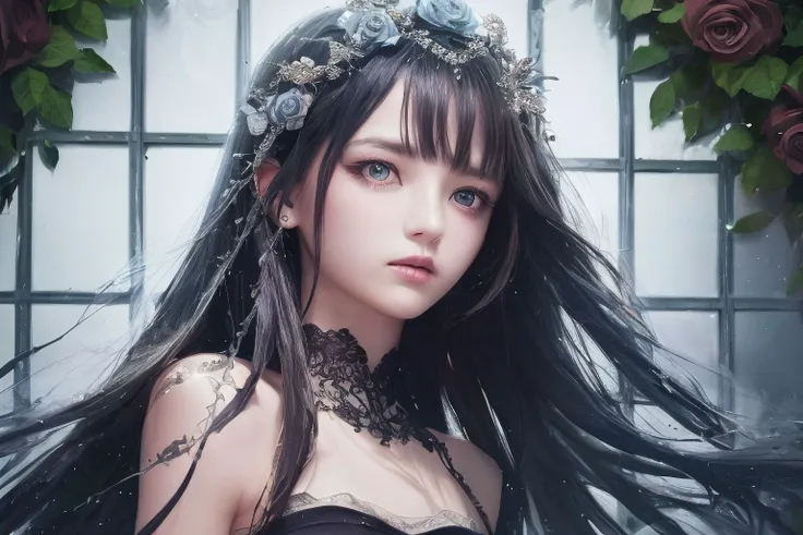 (extremely detailed CG unity 8k wallpaper,masterpiece, best quality, ultra-detailed), (best illumination, best shadow, an extremely delicate and beautiful), dynamic angle, floating, finely detail, Depth of field (bloom), (shine), glinting stars, classic,(illustration), (painting), (sketch), a girl, solo, bare shoulders, flat_chest, diamond and glaring eyes, beautiful detailed cold face, very long blue and sliver hair, floating black feathers, wavy hair, extremely delicate and beautiful girls, beautiful detailed eyes, glowing eyes, (((rose))),(vines),(blood),cage,bandage,(redrope),, (extremely detailed CG unity 8k wallpaper,masterpiece, best quality, ultra-detailed), (best illumination, best shadow, an extremely delicate and beautiful), dynamic angle, floating, finely detail, Depth of field (bloom), (shine), glinting stars, classic,(illustration), (painting), (sketch), a girl, solo, bare shoulders, flat_chest, diamond and glaring eyes, beautiful detailed cold face, very long blue and sliver hair, floating black feathers, wavy hair, extremely delicate and beautiful girls, beautiful detailed eyes, glowing eyes, (((rose))),(vines),(blood),cage,bandage,(redrope),