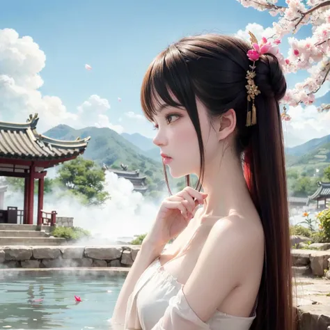 (8k, RAW photo:1.2),best quality, Masterpiece,ultra high res,dramatic angle,beautifully painted,highly detailed,color Ink wash painting,(color splashing),colorful splashing,(fluttered detailed color splashs),((ink refraction)), bright,vivid color,looking afar, upper body,distant viewer, 
1girl,soft smile,(long hair,hair ornament:1.4),Eastern_European_girls,  side view,(bathing,soaking in the hot spring:1.4,partially immersed,Holding a lotus in its beak),hair flower, water on skin, arms behind back,(chinese clothes:1.5,Hanfu:1.3,dudou),ru_qun, bare shoulders, (colorful),
outdoors,chinese ancient style,ancient palace beside,east asian architecture,(beautiful detailed sky),moon,blue sky, lakes, pure,(Lycoris radiata), butterfly, cherry blossoms,(Petals floating on the hot spring:1.4), willow tree, bamboo,
<lora:pureInnocentGirl_v20:0.2> <lora:elegantHanfuRuqun_v10:0.8> <lora:conceptPaintedClothes_v10:0.1>