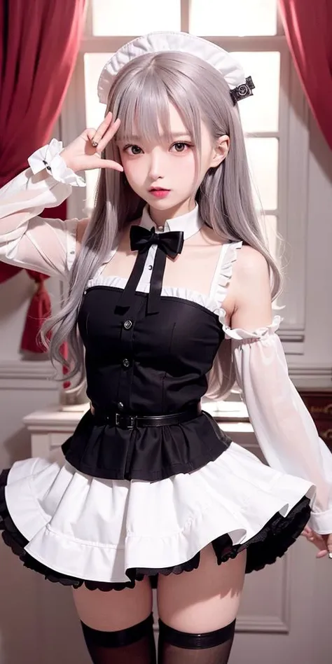 best quality, a girl 16years old, foto, realism , intricate details, full body, maid, white lace apron, black short dress, white thighhighs, (no panties:1.45), pink eyes, kneehighs, solo, (skirt lift:1.1), (double v:1.2), (gaping:1.1), detailed face, open eyes, perfect skin, cum, sexy, make happy expressions, head back, small breasts, sarashi, no_panties, narrow waist, skinny, <lora:arknightsTexasThe_v10:0.3>, <lora:koreandolllikeness_V10:0.5>