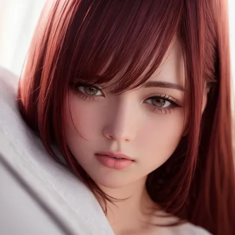 a beautiful redheaded woman with large breasts wearing elegant white lingerie, lying on a white plush blanket, glamour photography, detailed face, beautiful eyes, long eyelashes, (best quality,4k,8k,highres,masterpiece:1.2),ultra-detailed,(realistic,photorealistic,photo-realistic:1.37),HDR,UHD,studio lighting,ultra-fine painting,sharp focus,physically-based rendering,extreme detail description,professional,vivid colors,bokeh,portrai