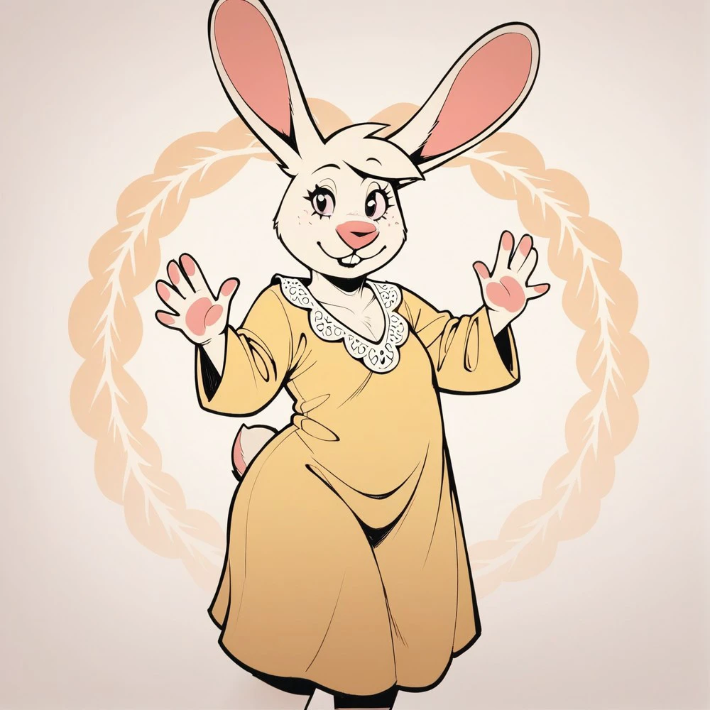 score_9, score_8_up, score_7_up, score_6_up, score_5_up, score_4_up,
source_furry,
masterpiece,
shading,
1girl,
solo,
female,
furry,
furry female,
cartoon,
sketch,
rabbit,
bunny,
<freckles:1.5>,
<freckles on face:1.5>,
<freckled face:1.5>,
tits,
small tits,
thick thighs,
hare,
robe,
ruffles,
ruffles robe,
frilly robe,
yellow robe,
detailed background,
<lora:Gabby_Angel_Hare_Pony_SDXL:1>, standing,
dancing,
waving hands,
