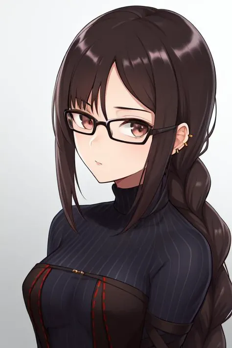 ((extreme detail)),(ultra-detailed), extremely detailed CG unity 8k wallpaper, <lora:Yu Mei-ren:0.7>Yu_mei-ren, pinstripe sweater, black dress, black glasses, braid, brown eyes, looking at viewer, upper body, gradient background