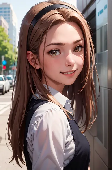 cowboy shot, solo, smile, <lora:mimi:0.7> mimi_tachikawa, 1girl, solo, long hair, light brown hair, brown eyes, hairband,, ultra detailed, masterpiece, best quality, aesthetic, detailed,