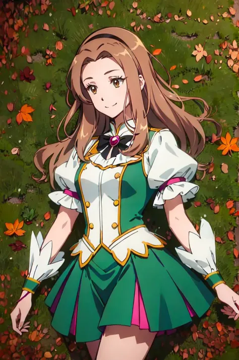 cowboy shot, solo, smile,   <lora:mimi:0.7> mimi_tachikawa, 1girl, solo, long hair, light brown hair, brown eyes, hairband,  <lora:LeafArt_v1_R32:1> leafart, leaf <lora:mahoushoujo_cpt_v01:1> mahoushoujo,, ultra detailed, masterpiece, best quality, aesthetic, detailed,