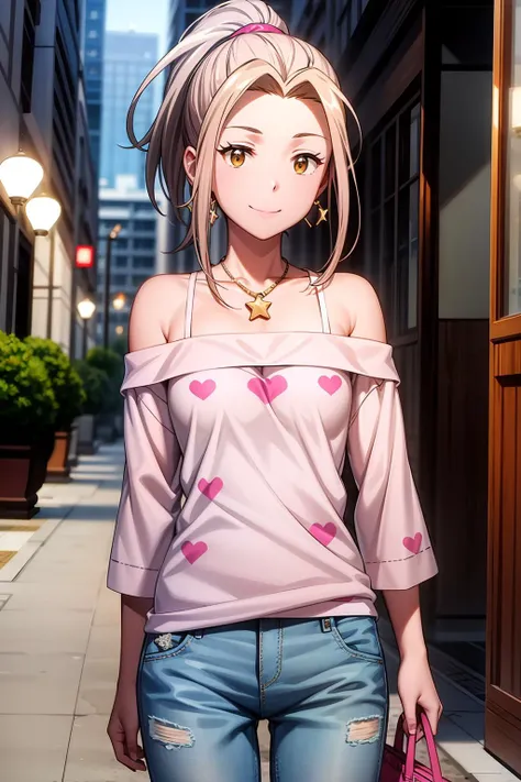 (RAW photo, best quality), masterpiece, an extremely delicate and beautiful, extremely detailed, 2k wallpaper, Amazing, finely detail, extremely detailed CG unity 8k wallpaper, ultra-detailed, highres, soft light, beautiful detailed girl, cinematic lightning, perfect anatomy, look at viewer, smile, 1girl, solo, smile, light brown hair, shirt, pants, bare shoulders, brown eyes, jewelry, ponytail, heart, earrings, necklace, off shoulder, star (symbol), star earrings, heart print, star necklace, mimi_tachikawa