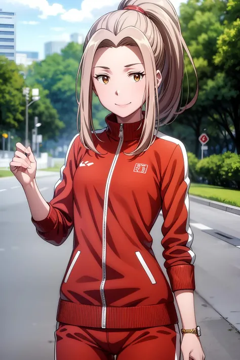 (RAW photo, best quality), masterpiece, an extremely delicate and beautiful, extremely detailed, 2k wallpaper, Amazing, finely detail, extremely detailed CG unity 8k wallpaper, ultra-detailed, highres, soft light, beautiful detailed girl, cinematic lightning, perfect anatomy, look at viewer, smile, 1girl, solo, smile, light brown hair, long hair, ponytail, brown eyes, long sleeves, pants, red jacket, red pants, solo, track suit, outdoor, mimi_tachikawa