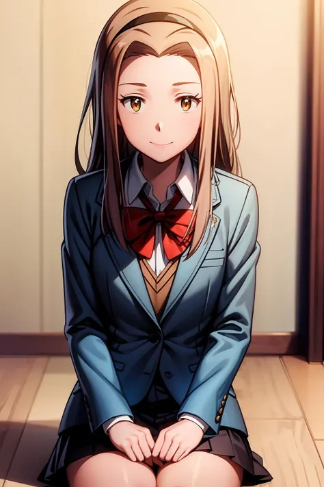 (RAW photo, best quality), masterpiece, an extremely delicate and beautiful, extremely detailed, 2k wallpaper, Amazing, finely detail, extremely detailed CG unity 8k wallpaper, ultra-detailed, highres, soft light, beautiful detailed girl, cinematic lightning, perfect anatomy, look at viewer, smile, 1girl, solo, long hair, light brown hair, bow, brown eyes, school uniform, blue jacket, hairband, bowtie, red bow, blazer, skirt, mimi_tachikawa