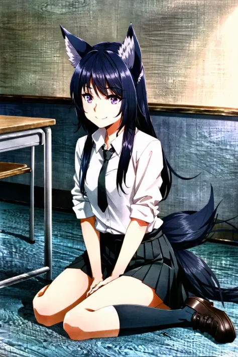solo, 1girl, wolf girl, very long low-tied hair, black hair, bangs, animal ears, black wolf ears, black wolf tail, purple eyes, alternate costume, school uniform, white dress shirt, collared shirt, (sleeves rolled up), necktie, clothes around waist, (grey pleated skirt), (black kneehighs), loafers, smile, looking away, sitting on school desk wariza, classroom, school, sunlight, indoors, full body, <lora:negative-e12-15:-1.5>