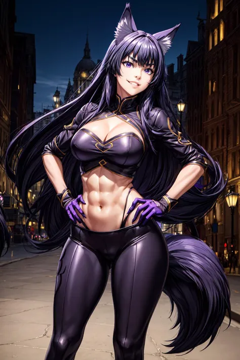 (masterpiece, sidelighting, finely_detailed_beautiful_eyes: 1.2), masterpiece*full_body_shot, realistic, 3d face, lustrous_skin, wolf_girl, very_long_low-tied_hair, bangs, animal_ears, black_wolf_ears, (black_wolf_tail), medium_breasts, cleavage, (v-shaped_eyebrows, looking_away), midriff, navel, (smile, grin), (city_background), Hands on hips pose, light_abs,
, [light_purple_elbow_gloves, light_purple_pants, light_purple_boots, light_purple_bodysuit, purple_eyes, black_hair]::2
, <lora:add_detail:1>, <lora:delta:0.6>