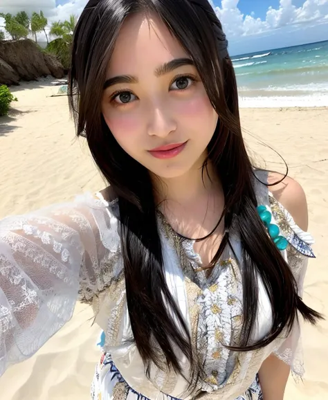 (best quality:1.1) ,(photorealistic:1.1), (photography:1.1), (highly detailed:1.1), looking at viewer,armlet, Jade bracelet, eyelashes, happy, small breasts,beautiful detailed girl, (extremely detailed eyes and face), (lighting on face),necklace,Colorful clothes, [chinese clothes],[off shoulder], (solo:1.2), sandbeach,sand,Standing by the seaside, summer, (beautiful detailed sky),seethru,