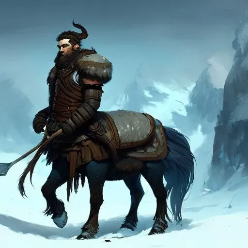 long shot of Centaur_Person Fantasy Frostpunk, Townsfolk, Snowy, concept art, brush stroke style, artstation, trending, highly detailed greg rutkowski
