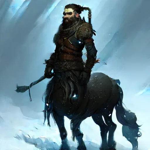 long shot of Centaur_Person Fantasy Frostpunk, Townsfolk, Snowy, concept art, brush stroke style, artstation, trending, highly detailed greg rutkowski