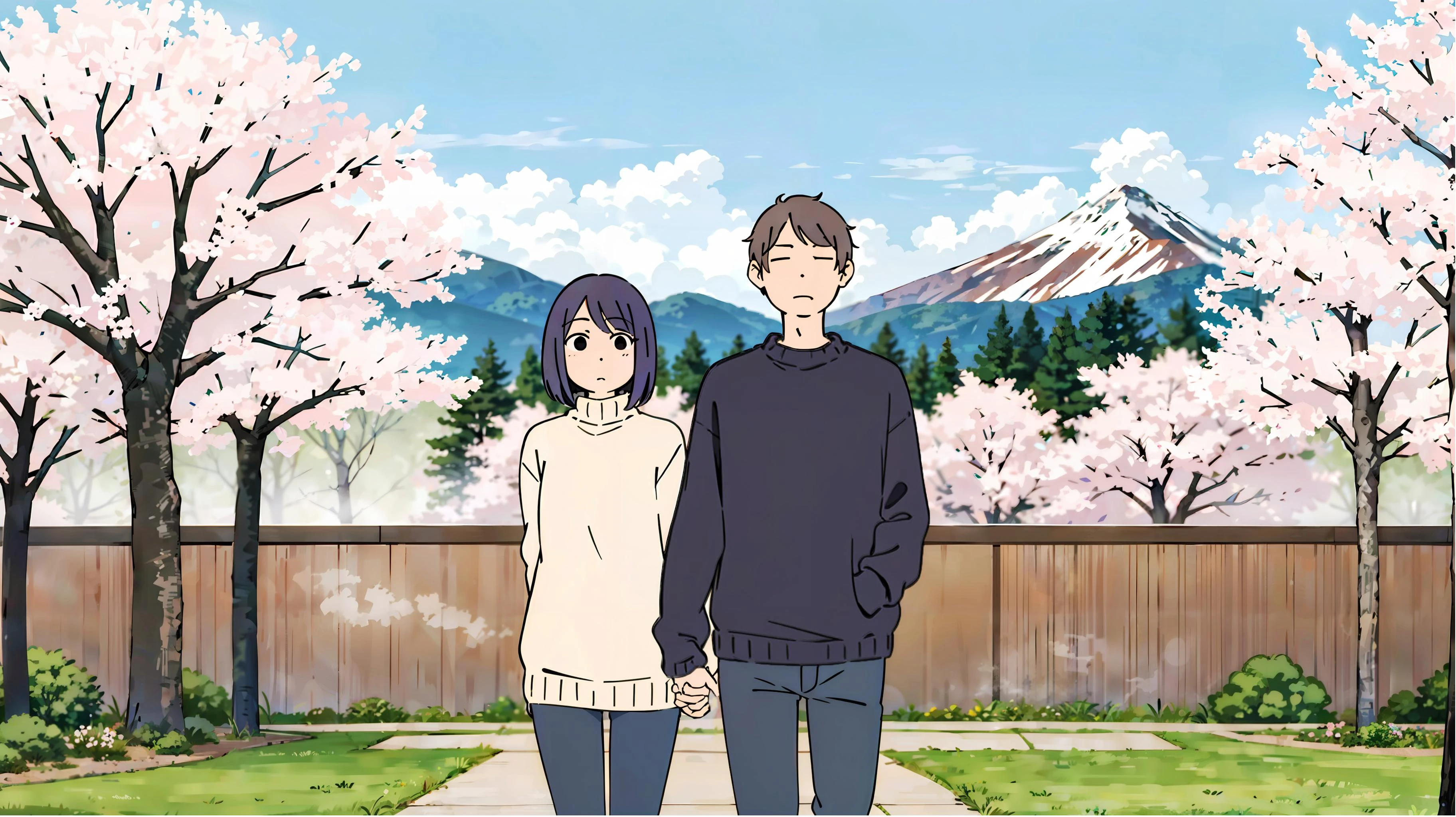 a couple holding hands, cute, snowy mountains in background, <lora:cartoony:1> flat color