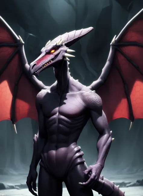 ridley, scalie, male anthro, dragon boy, standing, portrait, tranquil, solo, (best quality), (dark video game background:1.2), dramatic lighting, (detailed scales:1.1), looking at viewer, tail, teeth, (wings:1.2), <lora:ridley-v1-locon:1>