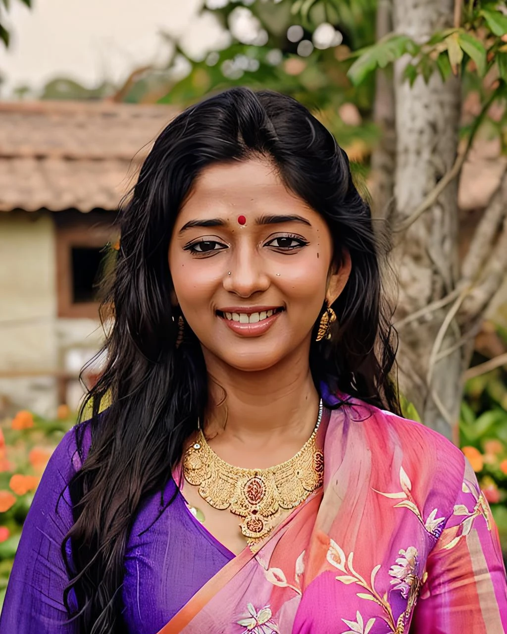 ultrarealistic soft focus photo of a 30-year-old woman, nyla, outdoors, high neck colorful Gota Patti Suit (Rajasthani embellished dress) covering chest and cleavage, smiling, Medium long shot camera angle, looking looking at camera, day time, beautiful bokeh <lora:nyla_Nyla_Usha_SD15_LoRA_prodigy:0.8>