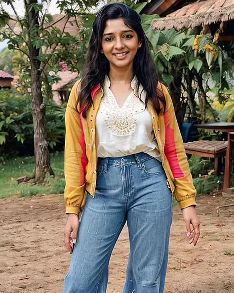 ultrarealistic soft focus photo of a 30-year-old woman, nyla, outdoors, high neck colorful Jeans_with_kurta covering chest and cleavage, smiling, worm's eye camera angle, looking looking at camera, day time, beautiful bokeh <lora:nyla_Nyla_Usha_SD15_LoRA_prodigy:0.8>