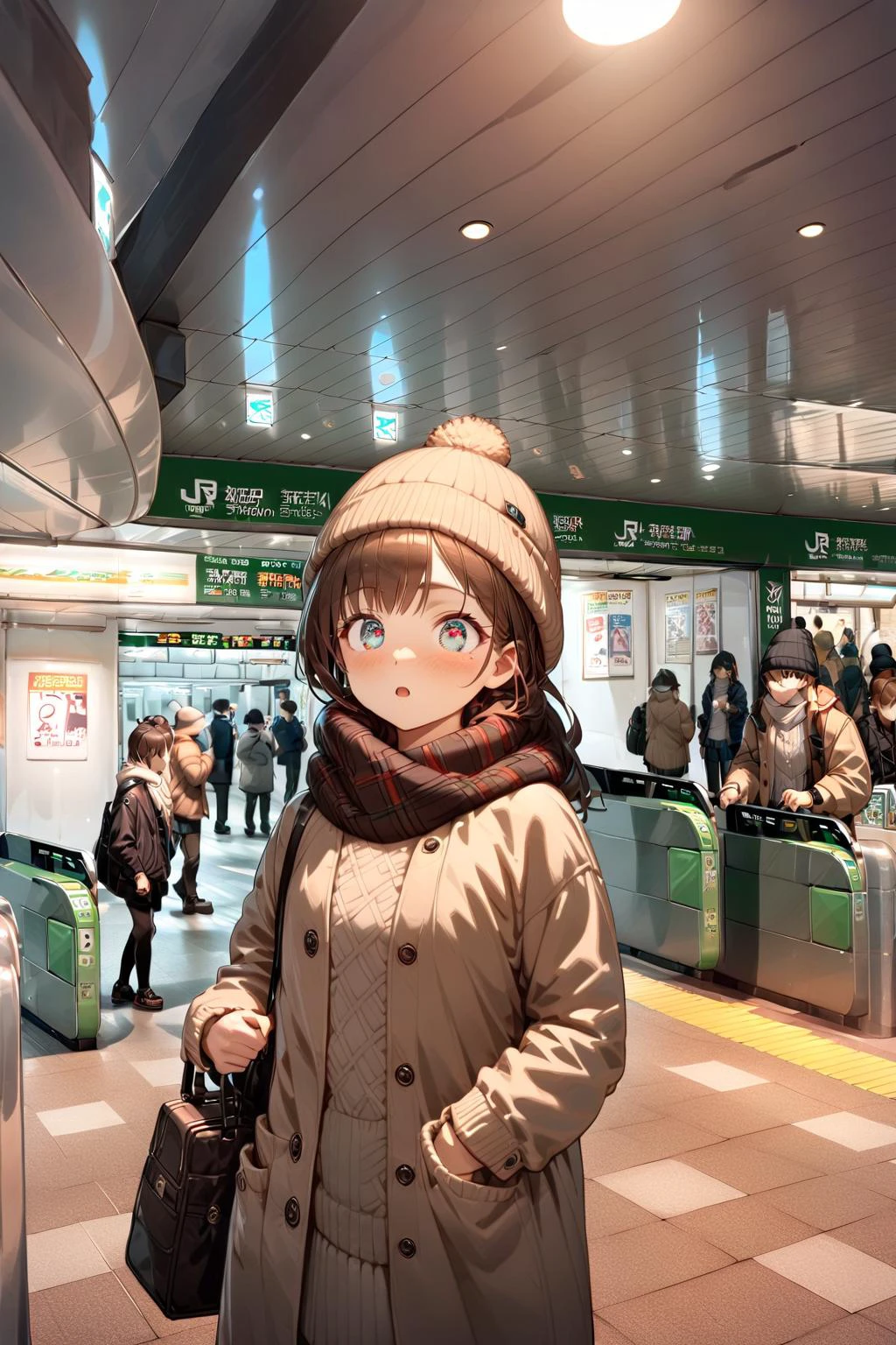(Masterpiece:0.9), best quality, (illustration, very aesthetic:0.95), (ultra detailed), intricate details, (solo, 1 girl), cinematic angle, Kawaii Anime character, (Look of surprise), detailed eyes, (blush, detailed face:0.8), woollen scarf, Winter clothing, knitted hat, higashikaisatsu, (shinjuku station), scenery, indoors, cinematic lighting, absurd, hyperrealistic, <lora:shinjuku_higashiguchi_SDXL_V1:1> <lora:Anime Enhancer XL V2:1.1> <lora:sdxl2-flat2-512b:-1.05> <lora:cns2i2de878c73fo5mug:1>