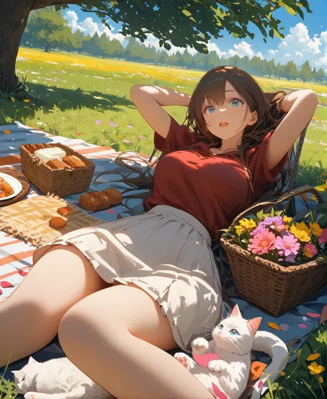 <lora:cns2i2de878c73fo5mug>,best quality,masterpiece,
cloud,1girl,flower,outdoors,sky,picnic,grass,lying,food,day,cat,tree,blue sky,picnic basket,on back,yellow flower,red shirt,blue eyes,wide shot,basket,pink flower,solo,flag,cloudy sky,open mouth,signature,brown hair,petals,white cat,looking at viewerpainting,