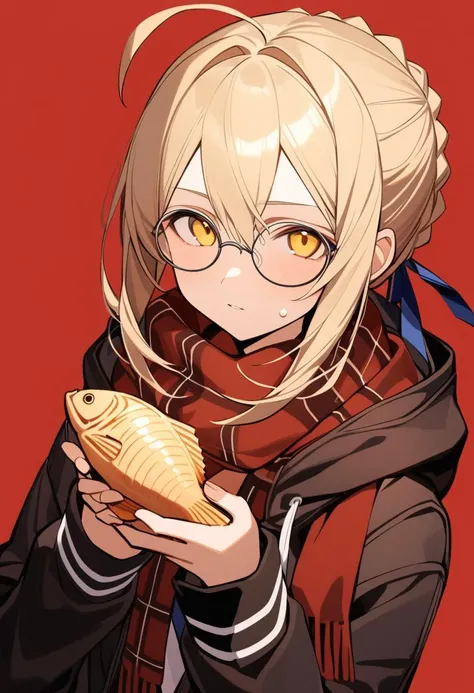1girl,artist:kanitama (putyourhead),artoria pendragon (fate),mysterious heroine x alter (fate),ahoge,black jacket,blonde hair,braid,food,glasses,hair between eyes,holding,holding food,hood,hooded jacket,jacket,long sleeves,looking at viewer,red background,red scarf,round eyewear,scarf,short hair,sidelocks,simple background,solo,taiyaki,upper body,wagashi,yellow eyes,masterpiece,best quality,<lora:a31_style:1>