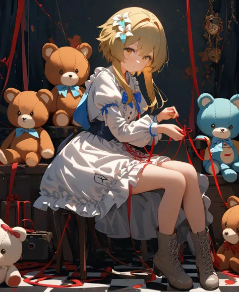 best quality,masterpiece,(Lumine:1.5),
1girl,dress,grey eyes,blood,white dress,1girl,joints,scissors,bow,stuffed toy,boots,looking at viewer,stuffed animal,string of fate,ribbon,solo,long sleeves,string,puffy sleeves,bangs,sitting,yarn,checkered floor,frills,grey footwear,blue satin ribbon,<lora:cns2i2de878c73fo5mug:1>,