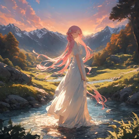 (Alphonse Mucha),(Rembrandt),illustration,(ultra_detailed),finely detail,(Depth of field),
(1girl) is standing in a beautiful valley,surrounded by (mountains:1.2) and under a breathtaking (sky). The sky is painted with hues of (pink),(orange:1.05),and (purple:1.05) as the sun sets in the horizon. (Girl) is dressed in a (white:1.1) dress,with her hair flowing gently in the (breeze:1.05). In the distance,a (river) flows serenely,and (trees) sway gracefully to the rhythm of the wind. The scenery is so beautiful that it takes (girl's) breath away,and she stands there,mesmerized by the stunning view.,
masterpiece,<lora:a31_style:1>