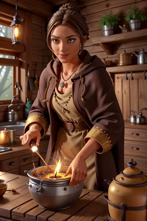 <lora:Aline_Koto512B1:0.5>, 1girl, xyzaline, 3d, cycles render, brown hair, bun, (style-swirlmagic:1.0), looking at viewer, solo, (full body:0.6), detailed background, detailed face, (victorian theme:1.1), sinister smile, shaman, wearing (brown:0.7) hooded robe, crystal pendant, rustic hut in the forest, indoors, cluttered dirty kitchen, old tattered book, candle, steaming iron cauldron, poison, small sacks, herbs, spices, dried plants, beads, roots, casting spell, (green:0.7) magic fumes, floating particles, sunset, low light