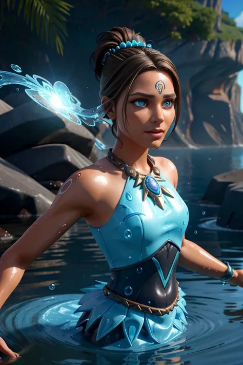 <lora:Aline_Koto512B1:0.5>, 1girl, xyzaline, 3d, cycles render, brown hair, bun, portrait, solo, half shot, looking at viewer, detailed background, detailed face, (tribal aztec theme:1.1), (glowing eyes:1.05), elemental water wizard, swirling water, whirlwind of water, fantasy hydromancer clothes, floating particles, focusing, ethereal glowing, water, drops of water, vapor, ocean in background, blue tones, cliffs, backlighting, ethereal atmosphere,