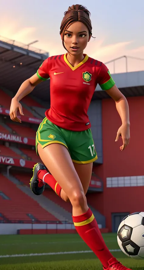 <lora:Aline_Koto512B1:0.5>, 1girl, xyzaline, brazil_color, brown hair, bun, 3d, cycles render, shorts, soccer_uniform, soccer, red shirt, green shorts, pattern, cleats, running