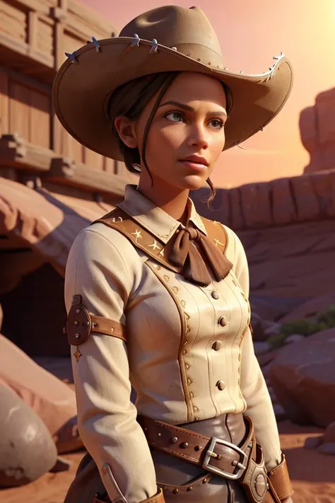 <lora:Aline_Koto512B1:0.5>, 1girl, xyzaline, 3d, cycles render, brown hair, bun, portrait, looking up, solo, half shot, detailed face, (westworld theme:1.1), 19th century wild west, sheriff, wild west hat, (cape:0.8), bolo tie, wild west era dark mine shaft interior with support beams in background, arid, cinematic atmosphere,