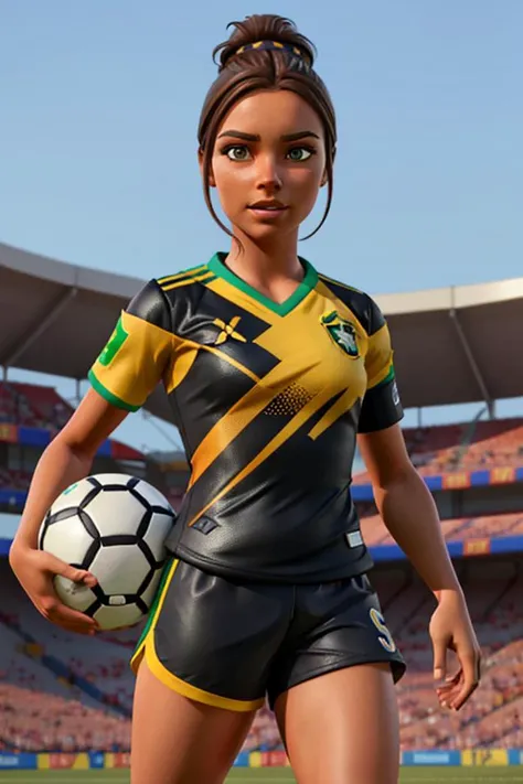 <lora:Aline_Koto512B1:0.5>, 1girl, xyzaline, brazil_color, brown hair, bun, 3d, cycles render, shorts, soccer_uniform, soccer, black shirt, black shorts, pattern