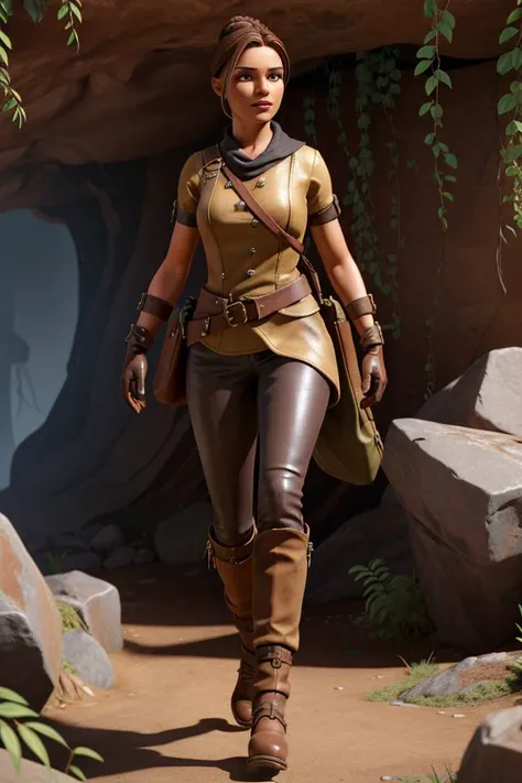 <lora:Aline_Koto512B1:0.5>, 1girl, xyzaline, 3d, cycles render, brown hair, bun, solo, (full body:0.6), detailed background, detailed face, (1920s theme:1.1), adventurer, spelunking, dynamic pose, tattered leather clothes, straps, gloves, (leather pouches:0.4), treasure map, (derelict:0.7) dark dungeon background, vines, moss, remains of ancient civilization, dark cinematic atmosphere, occult,