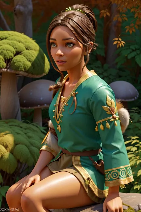 <lora:Aline_Koto512B1:0.5>, 1girl, xyzaline, 3d, cycles render, brown hair, bun, character focus portrait, solo, (full body:0.6), looking at viewer, detailed background, detailed face, (, bohoai, boho theme:1.1), druid, wearing natural colored green clothes, druid staff, feathers, calm posture, restoration spell, inscriptions, mystical aura, nature magic, (style-swirlmagic:0.8), floating particles, moss, branches, rock, mushrooms, plants, bushes, sunshine, backlighting, valleys in background, ethereal atmosphere, earth tones,