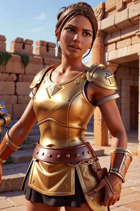 <lora:Aline_Koto512B1:0.5>, 1girl, xyzaline, 3d, cycles render, brown hair, bun, solo, half shot, looking up, detailed background, detailed face, , stonepunkAI, stone theme, gladiator, myrmidon, fighting stance, battlecry, dark orange ancient roman gladiator armor, roman arena in background, (crowd cheering in background:0.7), sand, blood, sunshine, ancient roman gladiator atmosphere,