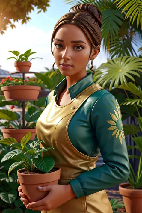 <lora:Aline_Koto512B1:0.5>, 1girl, xyzaline, 3d, cycles render, brown hair, bun, character focus, portrait, solo, upper body, looking down, detailed background, detailed face, (, green-powered, solarpunk theme:1.1), focusing, botanical scientist, potted plants, greenery, glowing plants, floating plants, green color scheme, lotus, herbs, mushrooms, ferns, botanical garden in background, magical atmosphere,